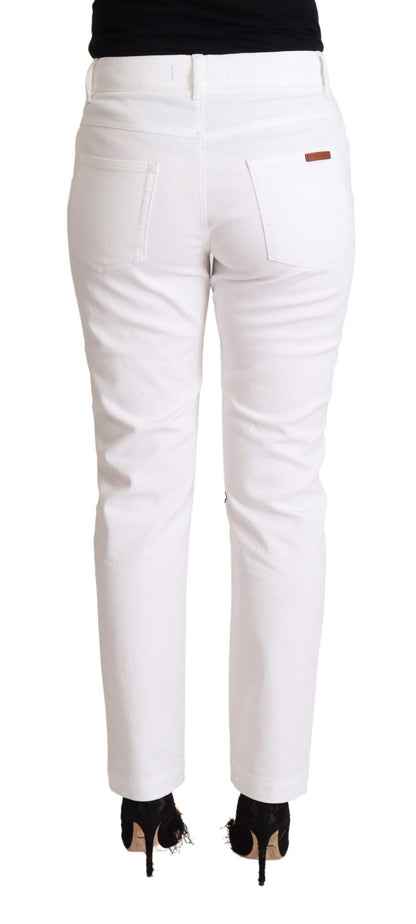 Chic White Tapered Denim Jeans with Logo Patch