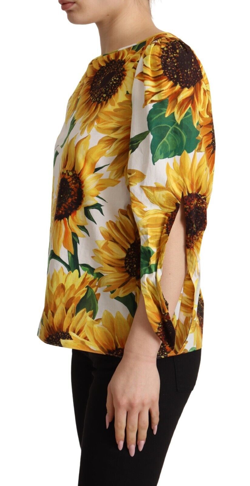 Sunflower Print Cotton Elbow Sleeve Blouse