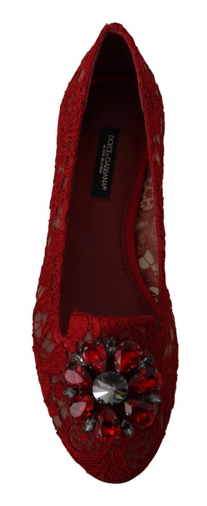 Radiant Red Lace Ballet Flats with Crystal Buckle