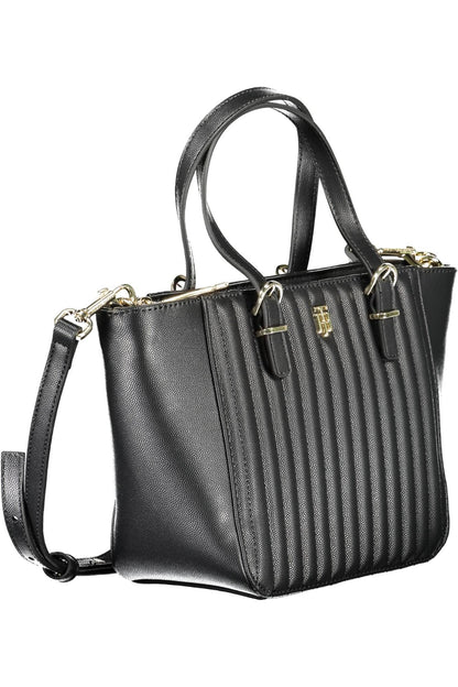 Chic Black Polyurethane Handbag with Contrasting Details