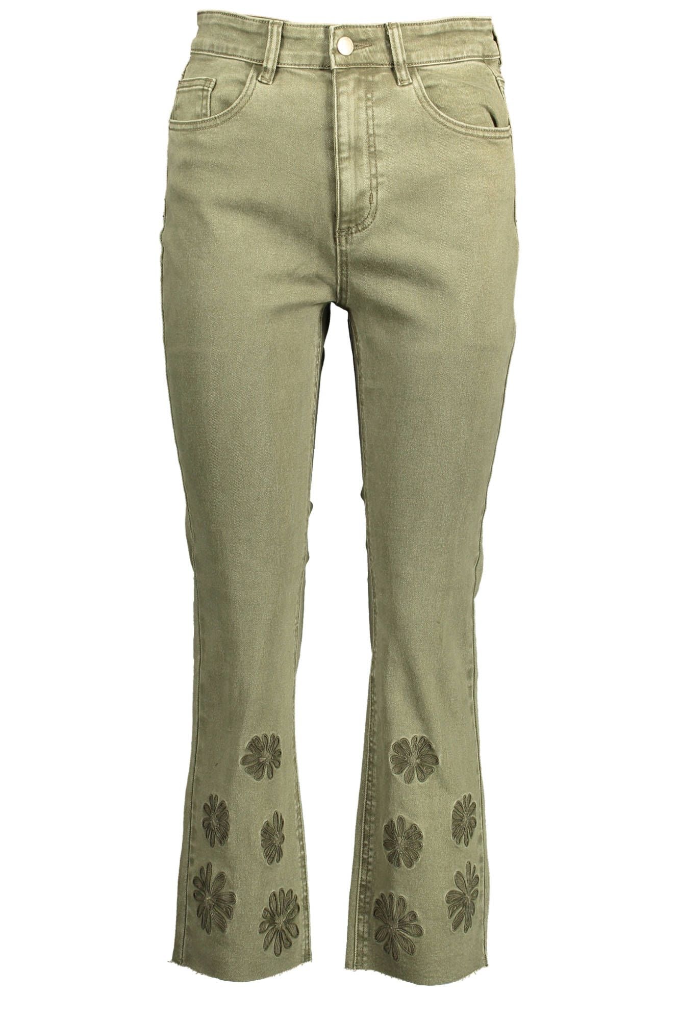 Embroidered Contrast Stitch Green Jeans