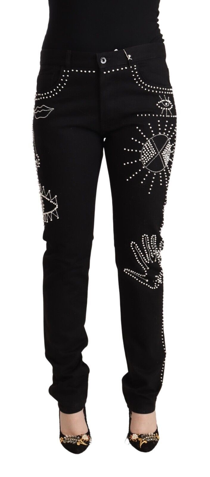 Embellished Black Mid-Waist Denim