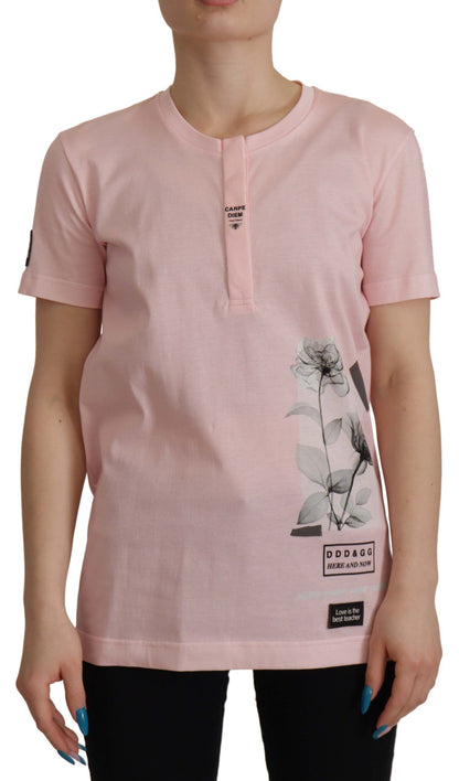 Floral Henley Cotton Tee in Pink