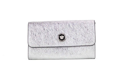 Small Metallic Silver Lamb Leather Medusa Clutch Crossbody Wallet Bag