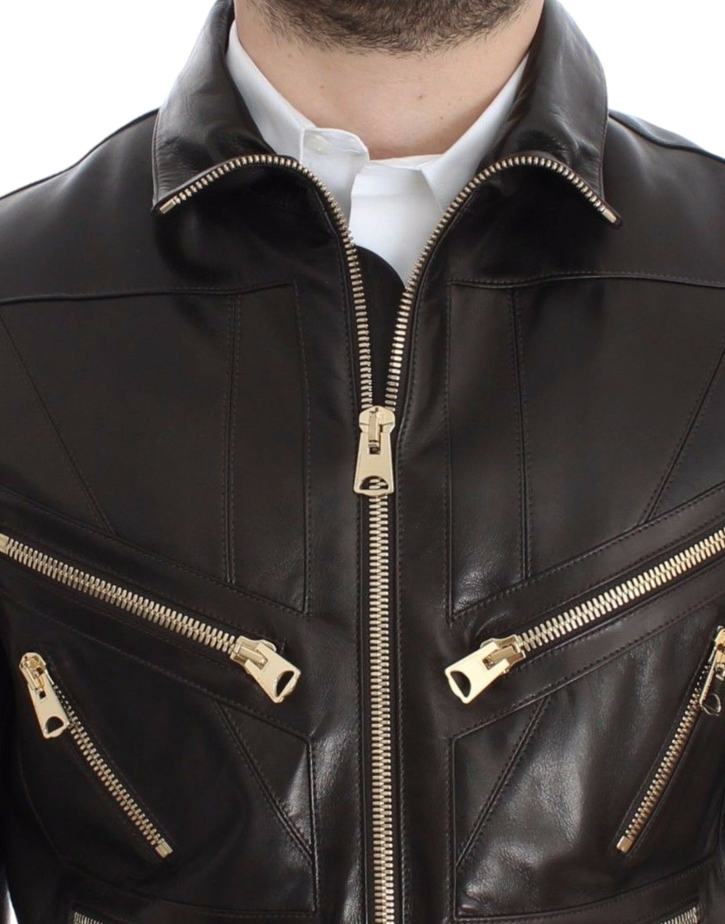 Elegant Brown Gold-Detailed Leather Jacket