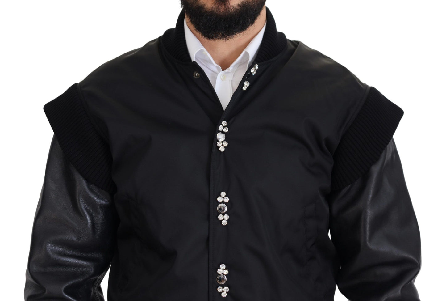 Elegant Black Crystal-Embellished Bomber Jacket