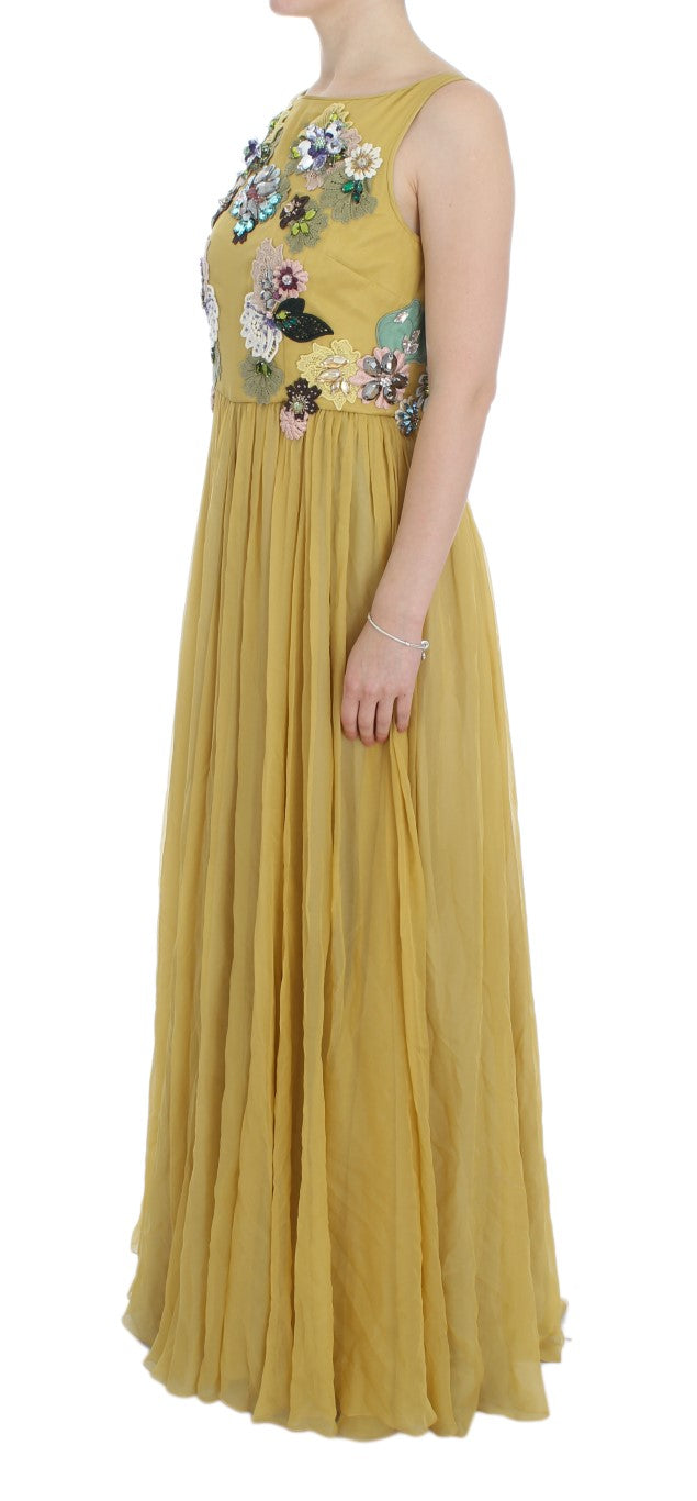 Enchanting Yellow Silk Floral Appliqué Gown