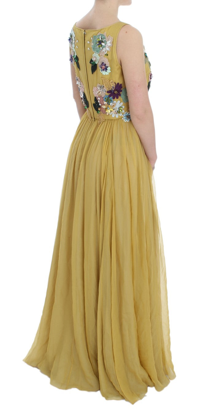 Enchanting Yellow Silk Floral Appliqué Gown