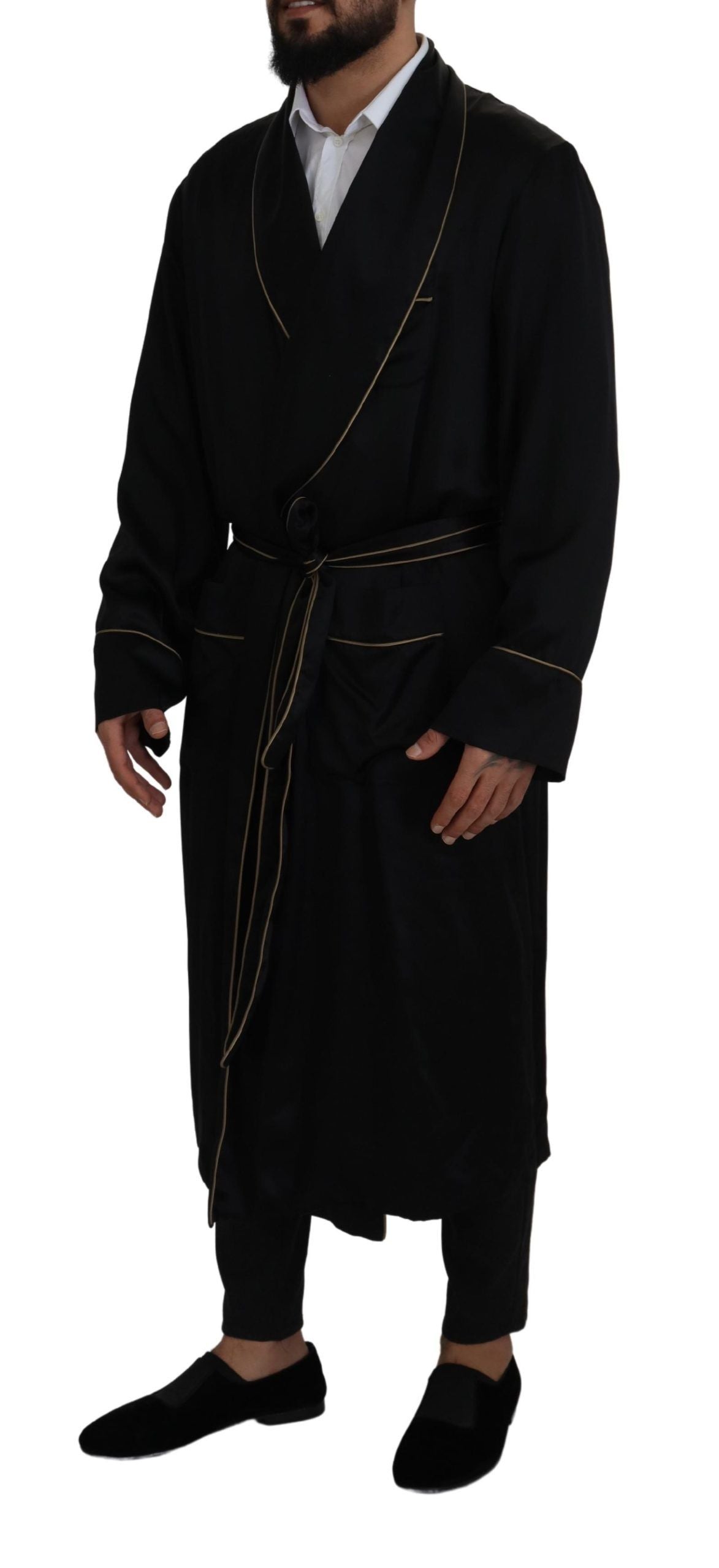 Elegant Black Silk Long Robe Coat