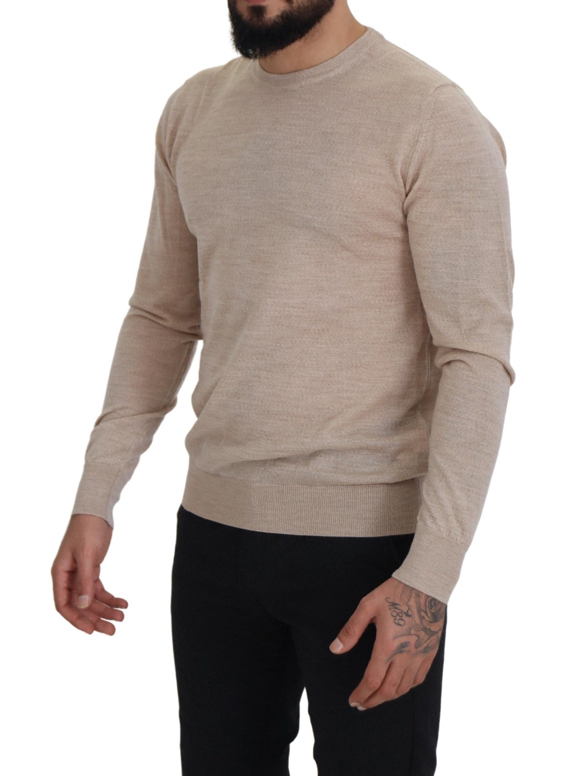 Elegant Beige Crewneck Wool Sweater