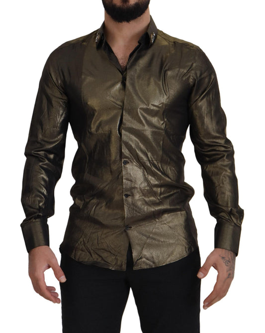 Elegant Gold Slim Fit Shirt with Crown Embroidery