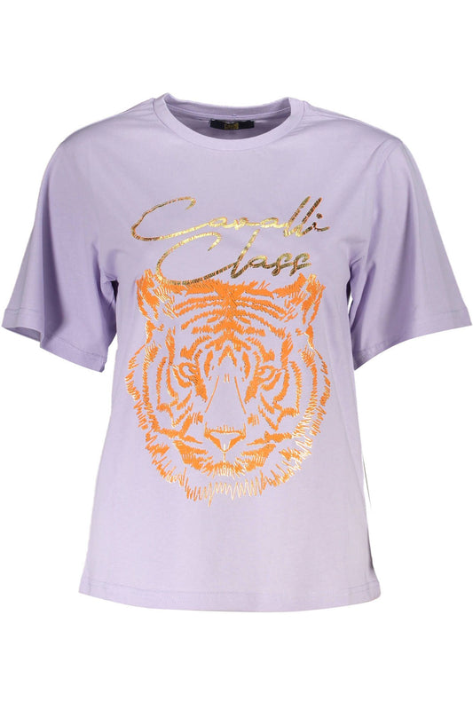 Elegant Purple Round Neck Tee with Logo Print