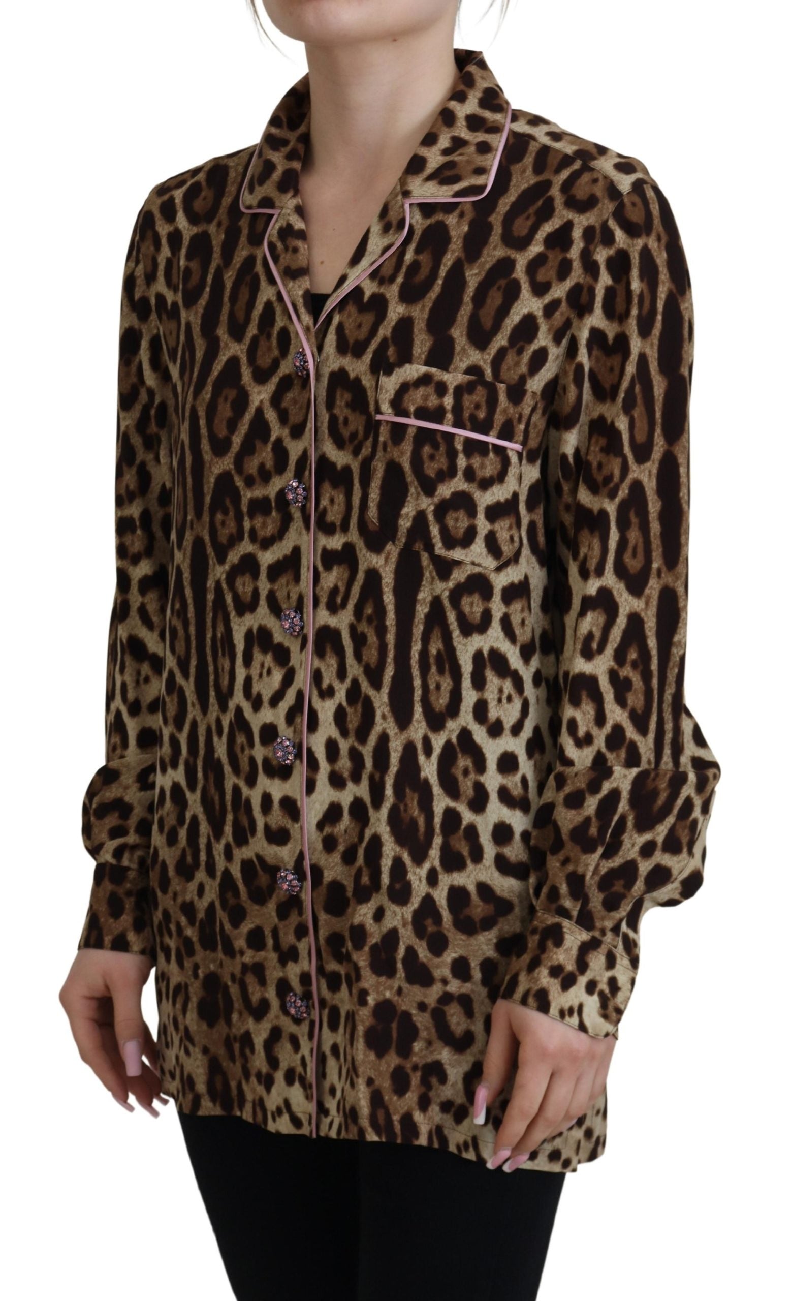 Elegant Silk Leopard Print Collared Top