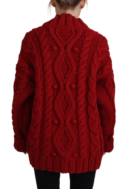 Elegant Red Virgin Wool Cardigan