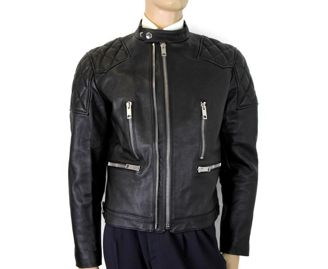 Burberry Men's Black Leather Diamond Quilted Biker Jacket