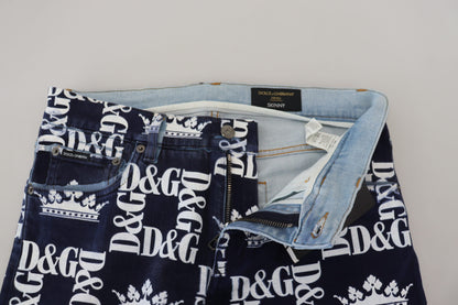 Elegant Crown Print Denim Pants