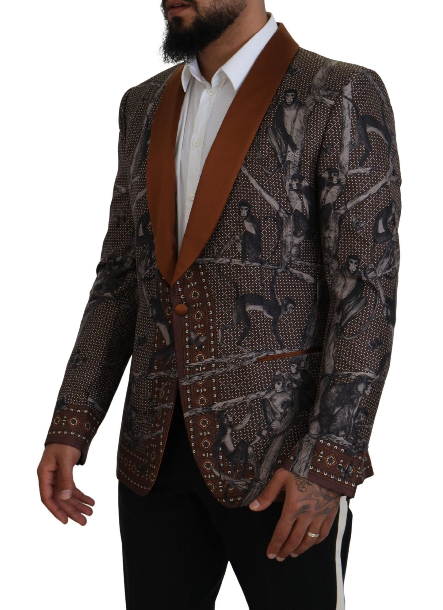 Elegant Bronze Brown Monkey Print Silk Blazer