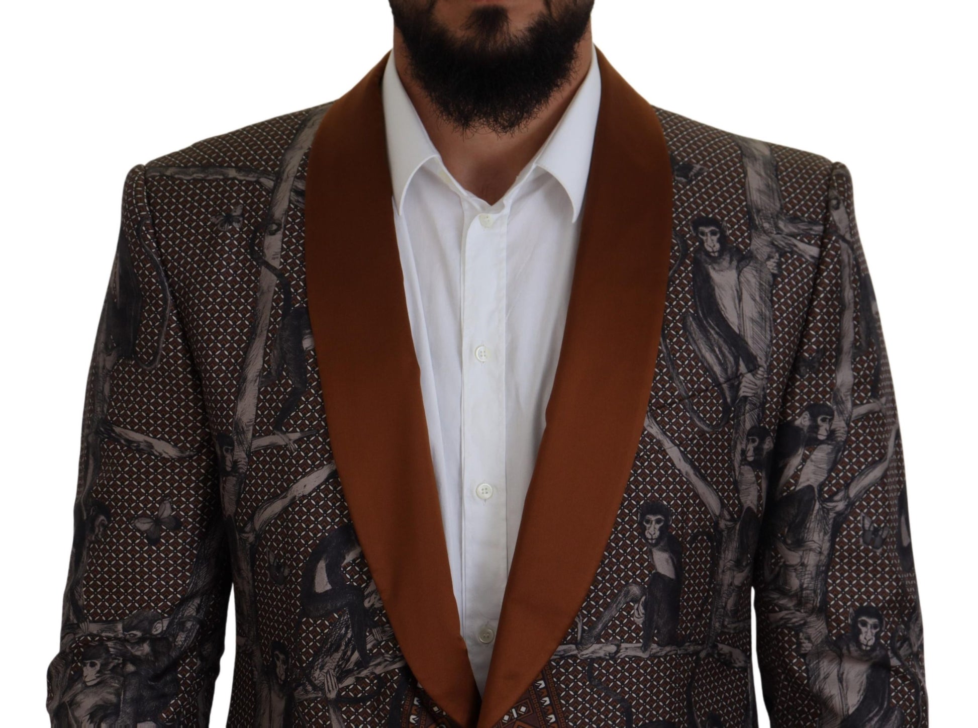 Elegant Bronze Brown Monkey Print Silk Blazer