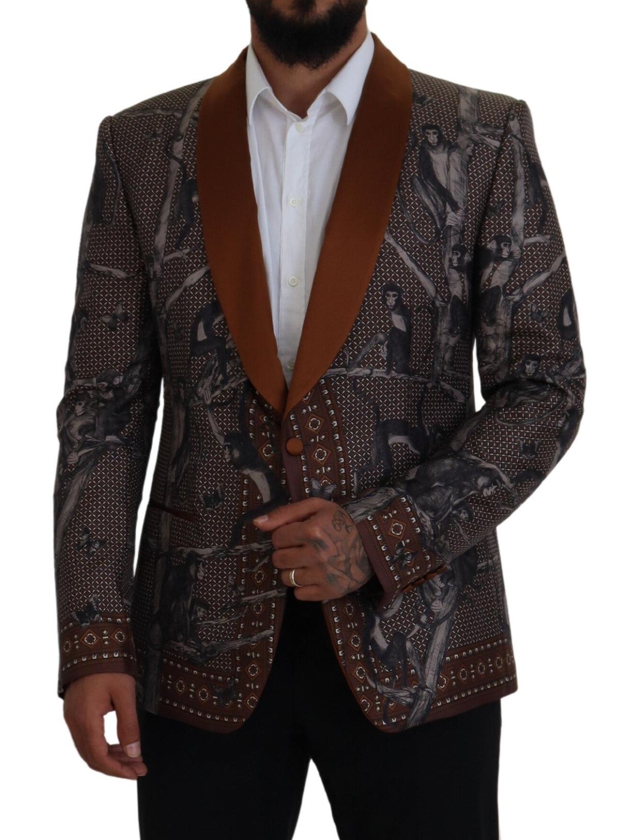 Elegant Bronze Brown Monkey Print Silk Blazer