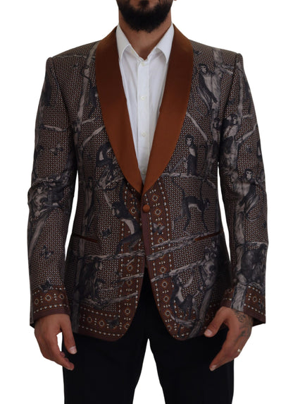 Elegant Bronze Brown Monkey Print Silk Blazer