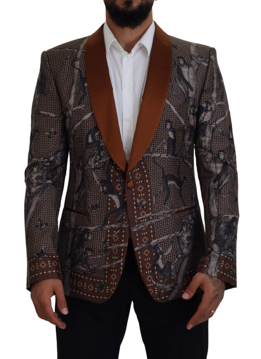 Elegant Bronze Brown Monkey Print Silk Blazer