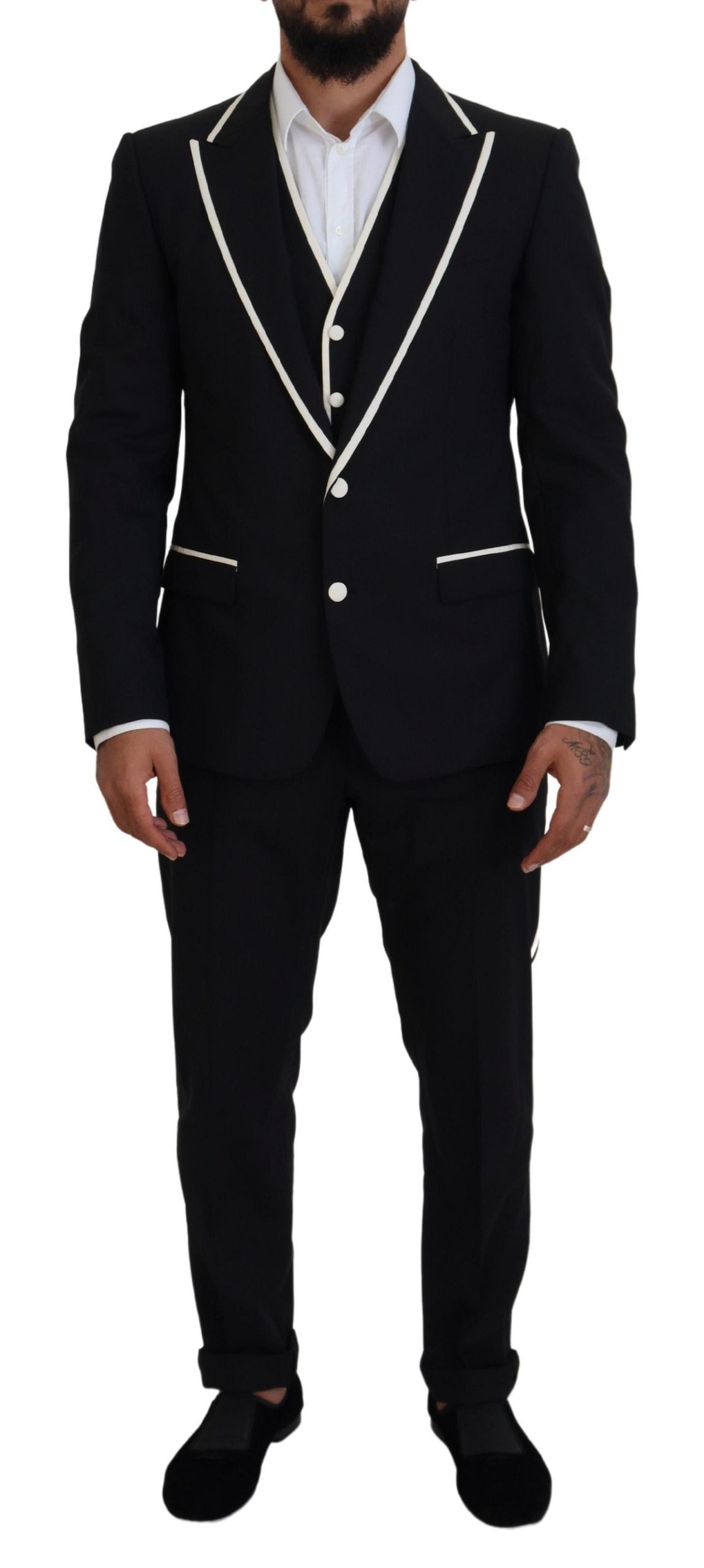 Elegant Black and White Slim Fit Three Piece Suit