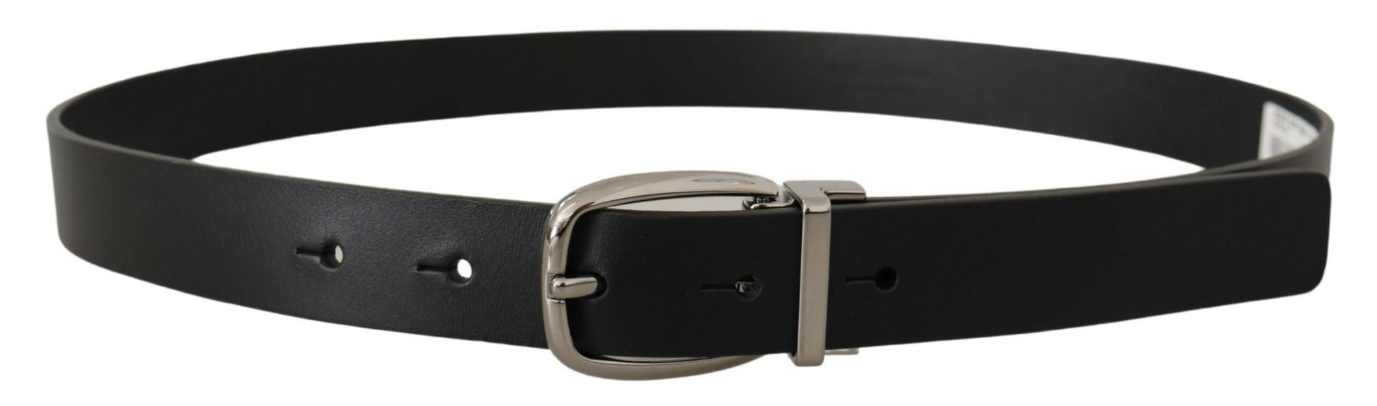 Elegant Black Leather Belt with Silver Tone Buckle