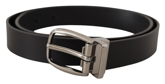 Elegant Black Leather Belt with Silver Tone Buckle