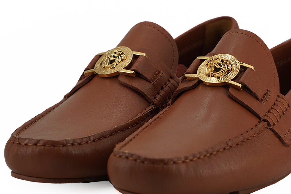 Elegant Medusa-Embossed Leather Loafers