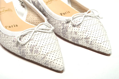 White Perforated Printed Flat Point Toe Shoe