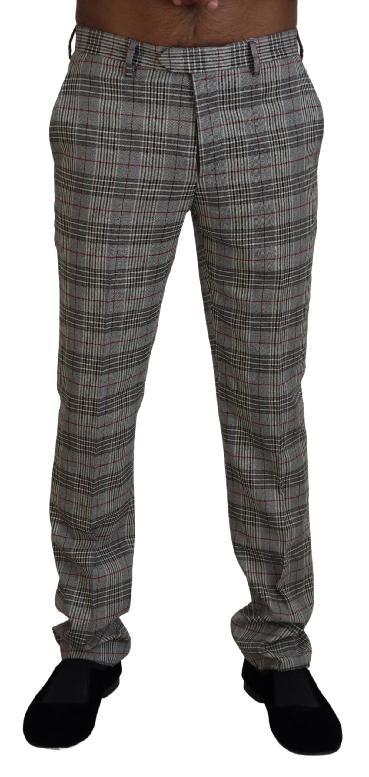 Elegant Gray Checkered Slim Men's Pants