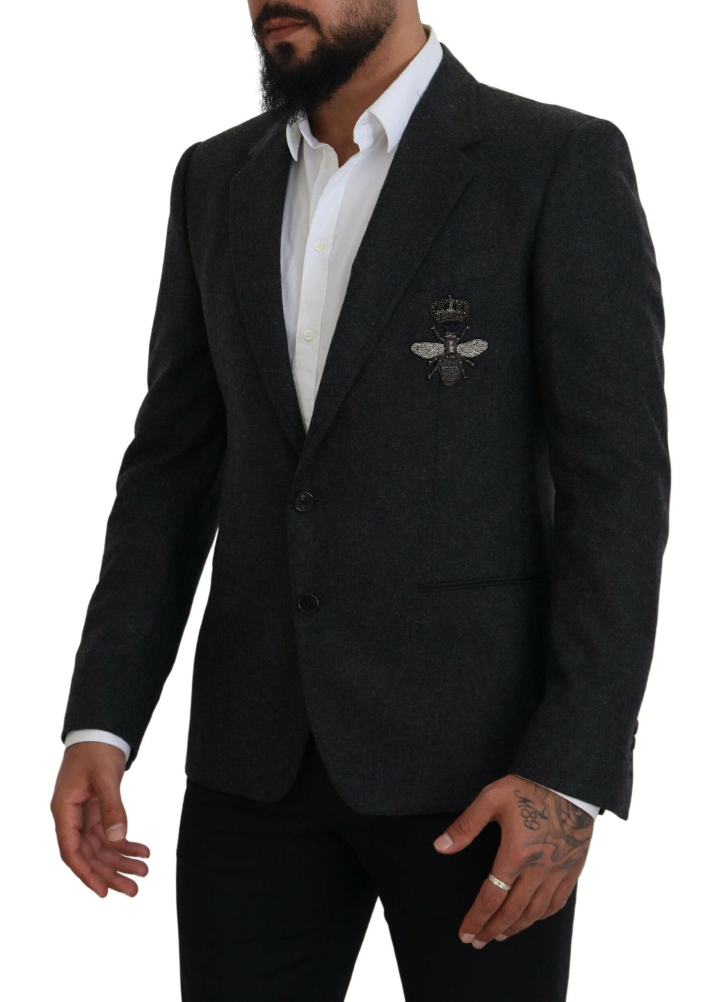 Elegant Gray Single Breasted Wool Blazer