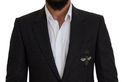 Elegant Gray Single Breasted Wool Blazer