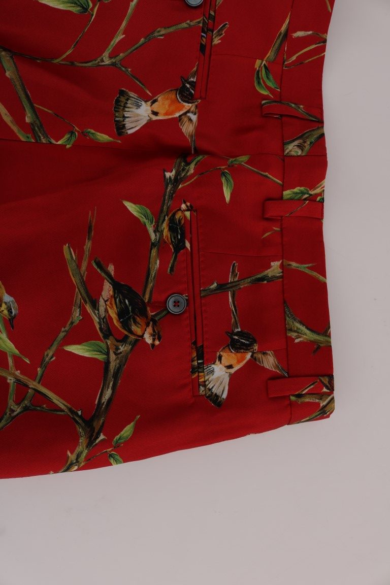 Elegant Silk Dress Trousers in Red Bird Print