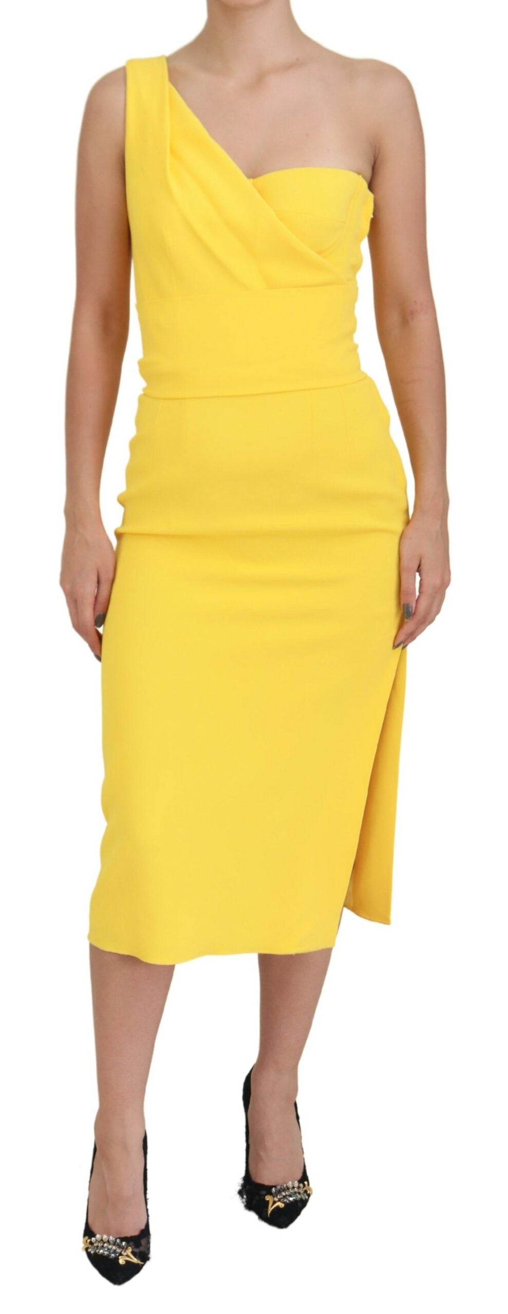 Elegant Yellow One-Shoulder Midi Dress