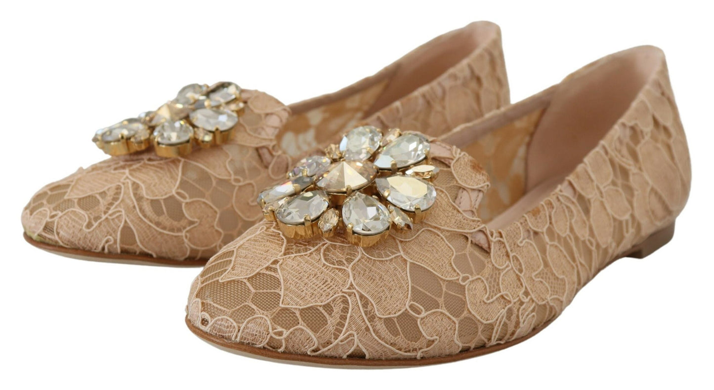 Elegant Beige Lace Vally Flats with Crystal Accent