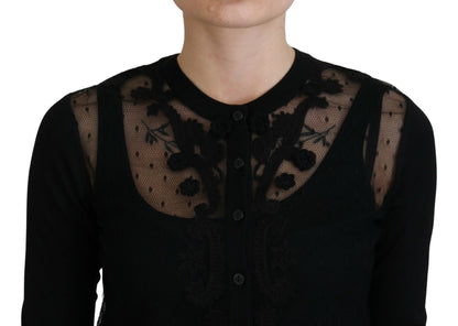 Elegant Black Floral Lace Cardigan Sweater