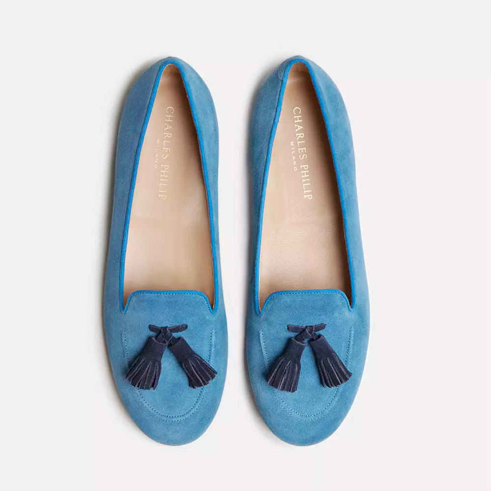 Elegant Light Blue Suede Tassel Moccasins