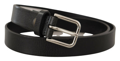 Elegant Black Leather Belt with Metal Buckle