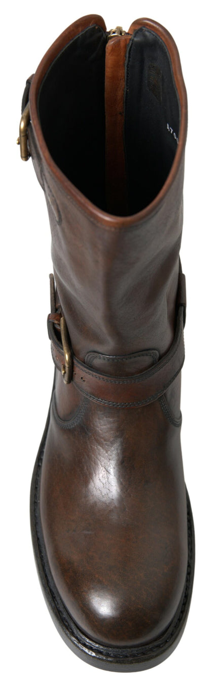 Elegant Brown Leather Mid-Calf Biker Boots