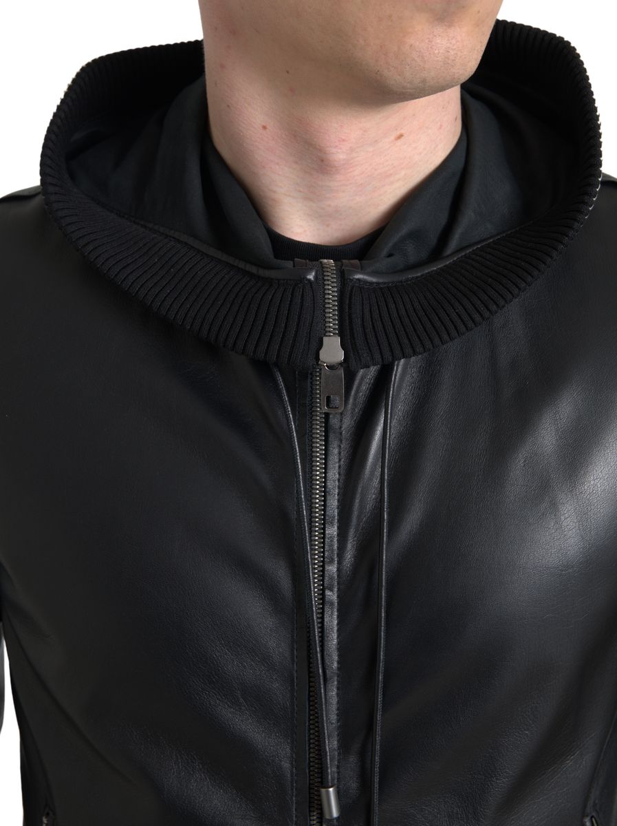 Elegant Black Leather Bomber Jacket