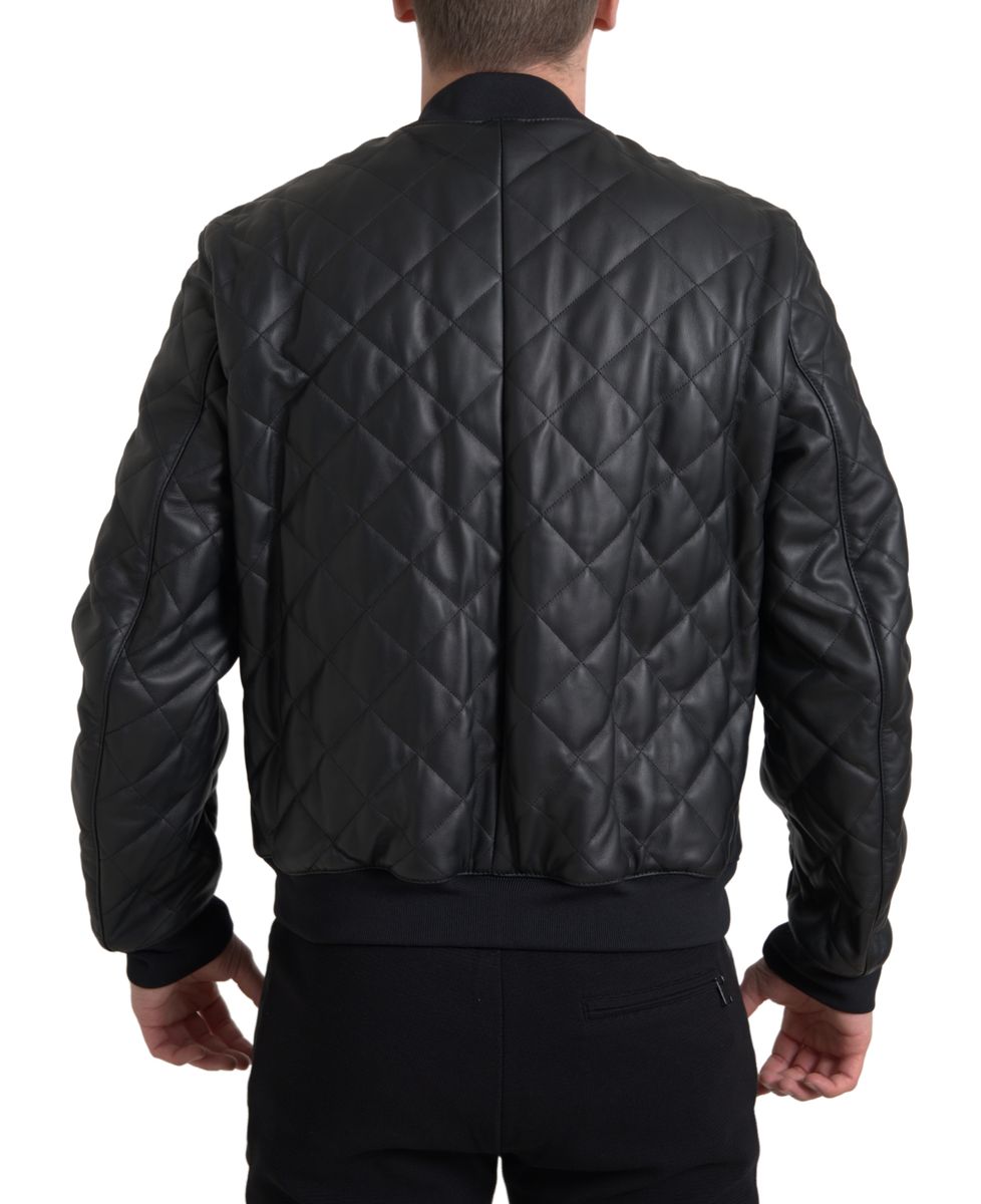 Elegant Black Leather Bomber Jacket