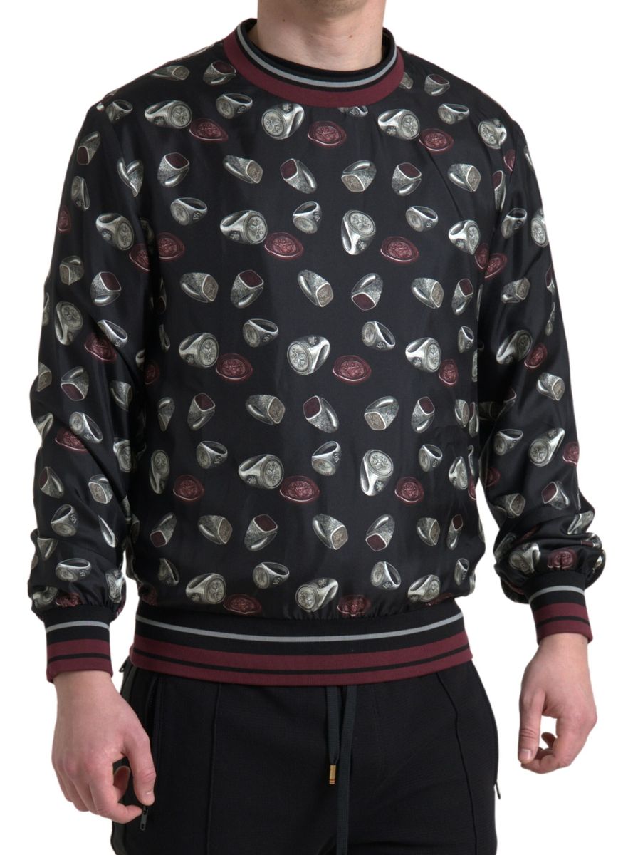 Elegant Silk Crewneck Pullover - Black Multicolor