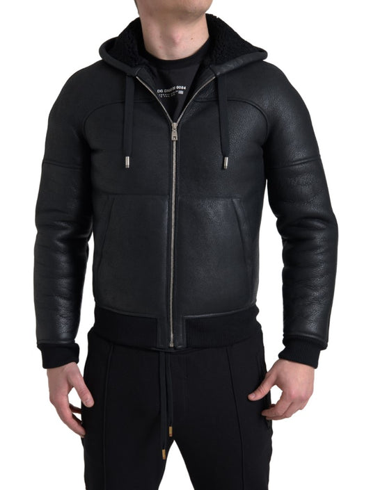 Elegant Black Leather Full Zip Hoodie