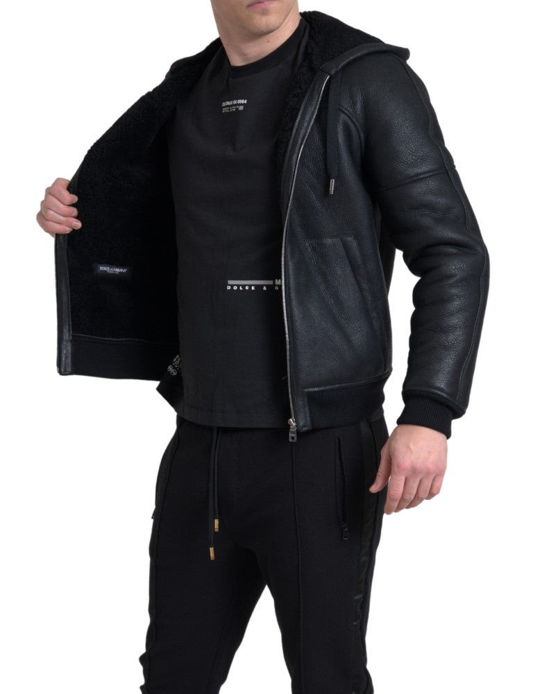 Elegant Black Leather Full Zip Hoodie