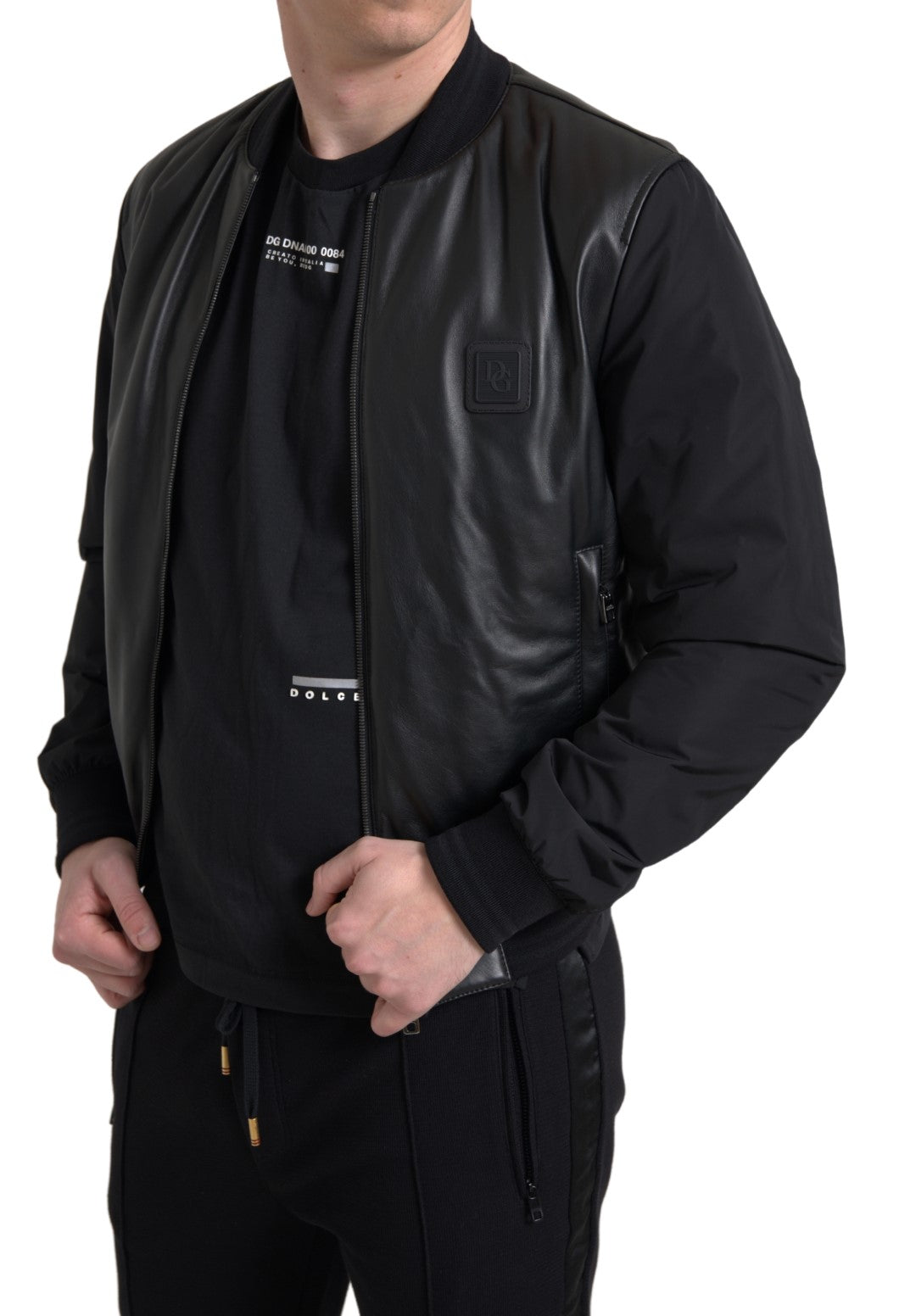 Sleek Black Leather Bomber Jacket