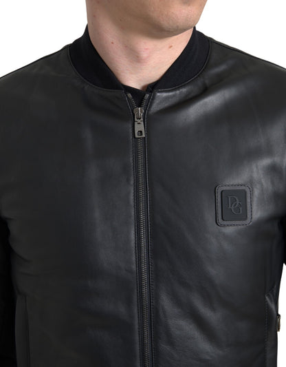 Sleek Black Leather Bomber Jacket