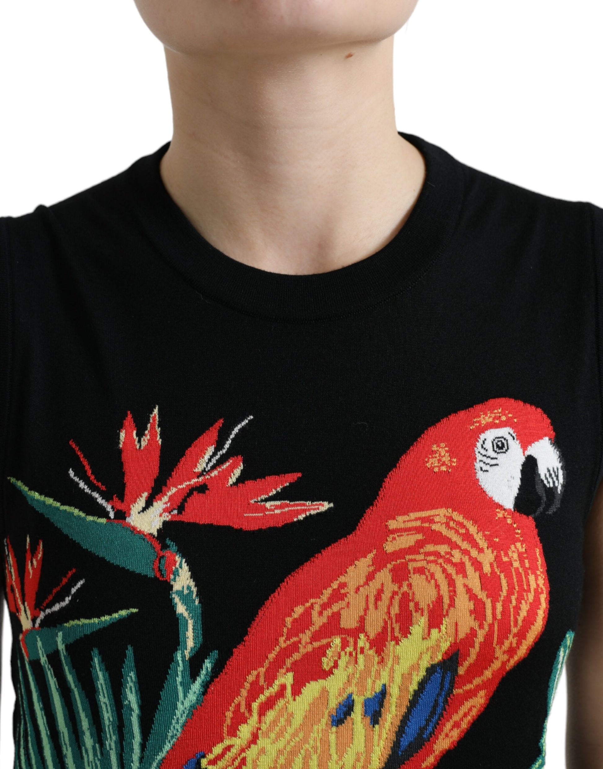 Elegant Crew Neck Wool Silk Tank with Bird Embroidery