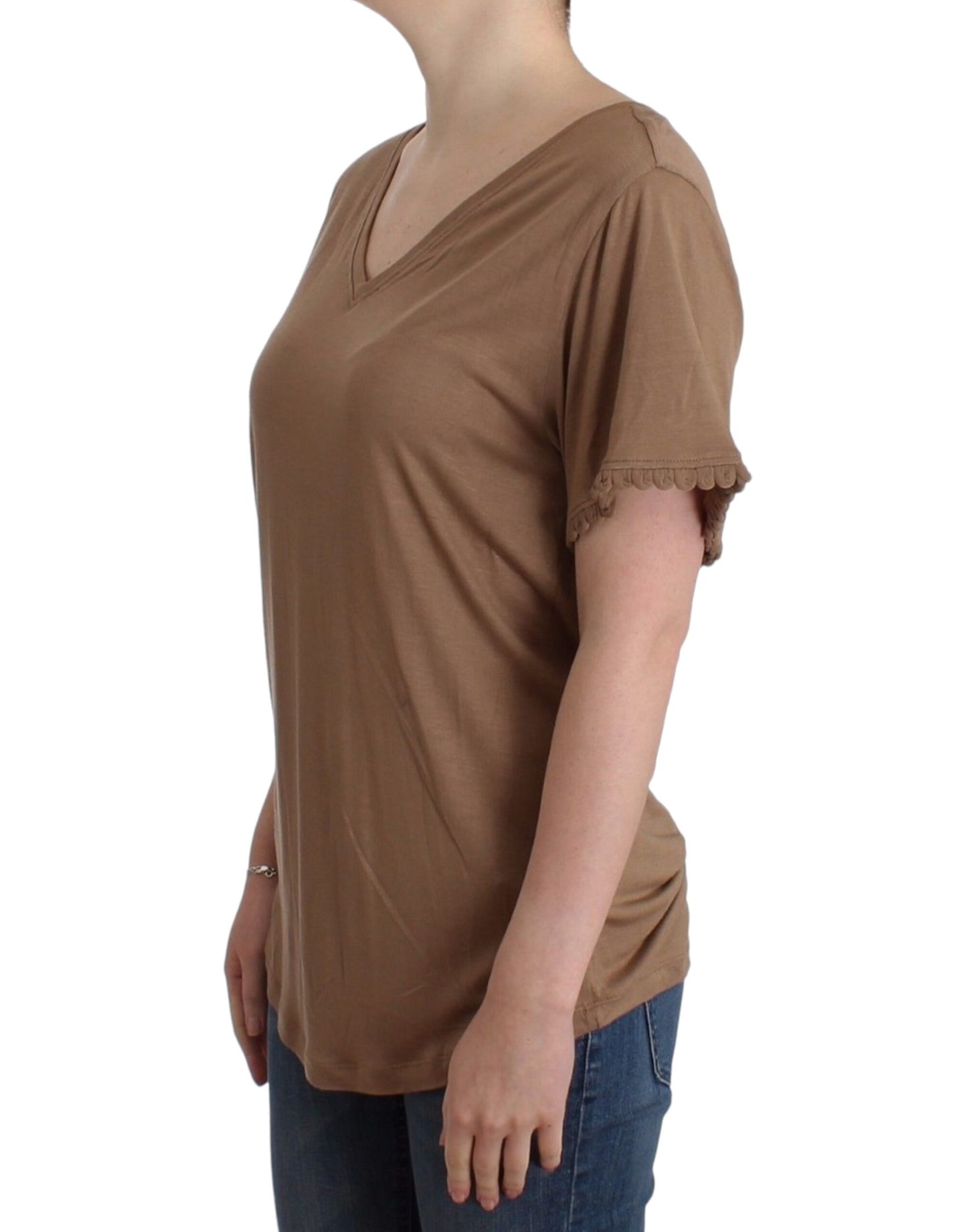 Elegant Short-Sleeved Brown Rayon Top