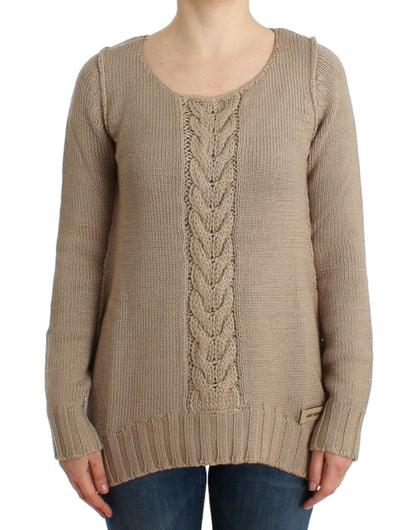 Elegant Beige Knitted Crew Neck Sweater